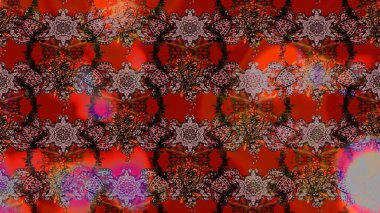 Üzerinde gelincikler ve vadi zambakları olan renkli çiçek desenli nakış deseni. Tekstil tasarımı için geleneksel Raster çiçek buketi kahverengi, kırmızı ve siyah renkler.