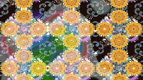 Raster illüstrasyonu. Raster çiçekleri klasik tarzda çizilmiş. Nazikçe, sarı renkte bahar çiçekleri. Çiçekli yumuşak çizim deseni.