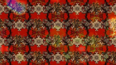 Güzel kumaş deseni. Raster illüstrasyonundaki çiçek desenli çizim. Raster illüstrasyonu. Kahverengi, kırmızı ve bej renklerde.