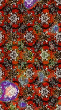 Raster illüstrasyonu. Kahverengi, kırmızı ve gri renklere karalamalar çizilmiş çiçek deseni.