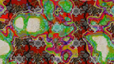 Çiçeksel çizim kalıbının yansıması. Vadinin çiçekleri yeşil, gri ve kahverengi renklerde.