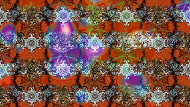 Raster Modaya uygun kumaş deseni. Renkli Bahar Teması eskiz kalıbı. Kahverengi, turuncu ve nötr renkli şirin çiçek desenleri. Düz Çiçek Elementleri Tasarımı.