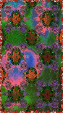 Raster illüstrasyonunda kusursuz çiçek deseni. Düz Çiçek Elementleri Tasarımı. Renkli Bahar Temalı Kusursuz Arkaplan. Yeşil ve kahverengi renkte çiçekler.