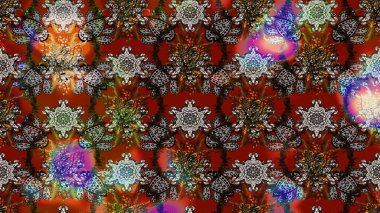 Raster illüstrasyonu. Kahverengi, gri ve kırmızı renklere karalamalar çizilmiş çiçek deseni.