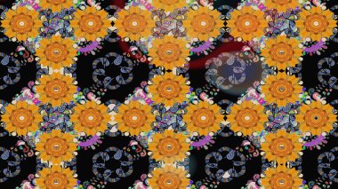 Düz Çiçek Elementleri Tasarımı. Raster Illustrasyon 'daki Çiçek Deseni' nin son moda çizimi. Güzel kumaş deseni. Renkli Yaz Teması çizim şablonu.