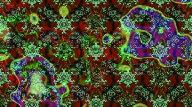 Yeşil, kahverengi ve kırmızı renkler üzerine çiçek desenli çizimler, el yapımı papatyalar, papatyalar. Tekrarlayan çiçek arkaplanı, zarif yeşil, kahverengi ve kırmızı çiçek duvar kağıdı.