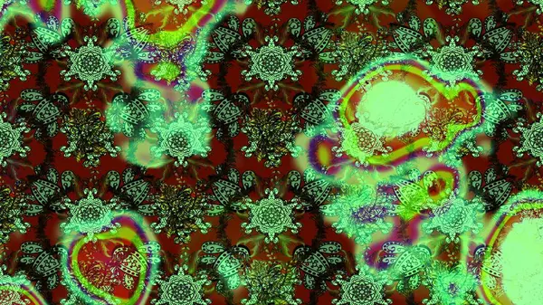 Yeşil, kahverengi ve kırmızı renkte çiçekler. Raster illüstrasyonunda çiçek deseni çizimi.