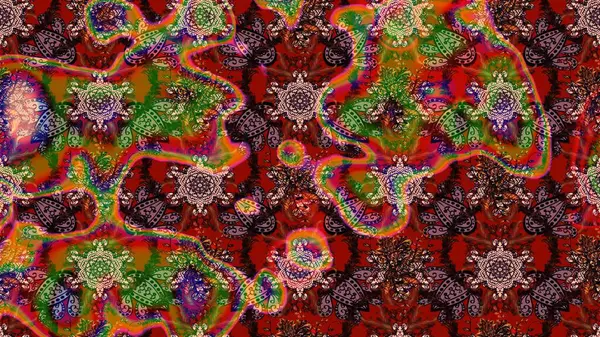 Raster illüstrasyonu. Tropik çiçek desenleri. Çiçekler kahverengi, kırmızı ve yeşil renklerde.