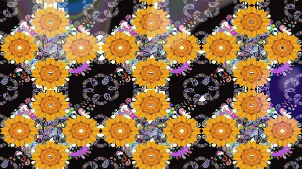 Modern, sarı raster arka plan duvar kâğıdı illüstrasyonu, klasik çizgili, desenli desenli çiçekler, çiçekli süsler. Çiçekli el çizimi çizimi deseni.