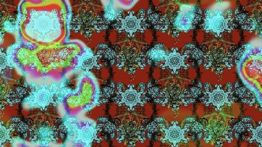 Kumaş, tekstil, duvar kağıdı baskısı için. Raster illüstrasyonu. Eski usul. Renkli desenli eskiz deseni, mavi, kahverengi ve yeşil çiçekler ve dekoratif elementler. Taslak arkaplan.