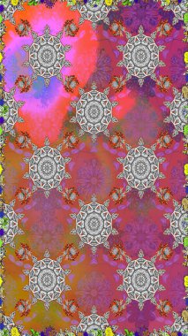 Modern çiçek arkaplanı. Halk tarzı. Moda baskıları için zarif bir şablon. Parlak renkli çiçekleri ve pembe yaprakları olan muhteşem bir çiçek deseni..