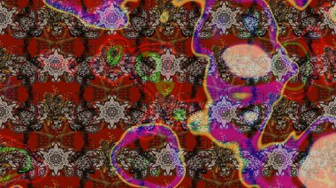 Raster illüstrasyonu. Kahverengi, kırmızı ve gri renklerde Asya tekstili. Çiçek desenini çiz.