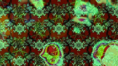 Raster illüstrasyonu. Yeşil, kahverengi ve kırmızı renkte şirin çiçekler. Küçük çiçekli basit bir çiçek çizimi. Moda baskısı, albüm, ambalaj kağıdı, duvar kağıdı için zarif dekoratif süslemeler..