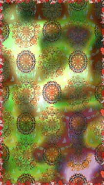 Raster illüstrasyonunda kusursuz çiçek deseni. Yeşil ve kahverengi renkte çiçekler.