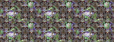 Yapraklı çiçekler ve kır renkli papatya çiçekleri. Raster - stok. Taslak arkaplan deseni.