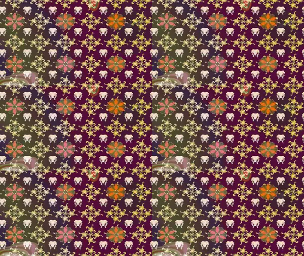 Sevimli çiçek raster deseni. Düz Çiçek Elementleri Tasarımı. Renkli Bahar Teması eskiz kalıbı. Mor renkte çiçekler.