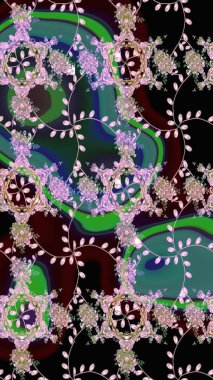 Tarafsız, siyah ve yeşil renkli, çok renkli, siyah ve yeşil zarif küçük çiçekler ve komik böcekler, siyah ve yeşil renkler, raster desen, illüstrasyon.