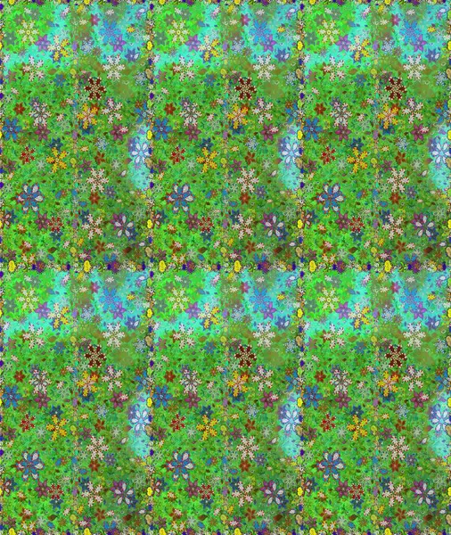 Çok yeşil ve mavi zarif küçük çiçekler ve yeşil ve mavi renkli komik böcekler, raster desen, illüstrasyon.