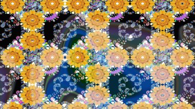 Mavi renkli çiçekler. Raster illüstrasyonu. Çiçek desenli çizim. Düz Çiçek Elementleri Tasarımı. Renkli Bahar Teması eskiz kalıbı. Asya tekstil tarzında.