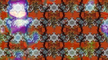 Kahverengi, turuncu ve nötr küçük çiçekler ve kahverengi, turuncu ve nötr renklerdeki komik böcekler, raster deseni, illüstrasyon.