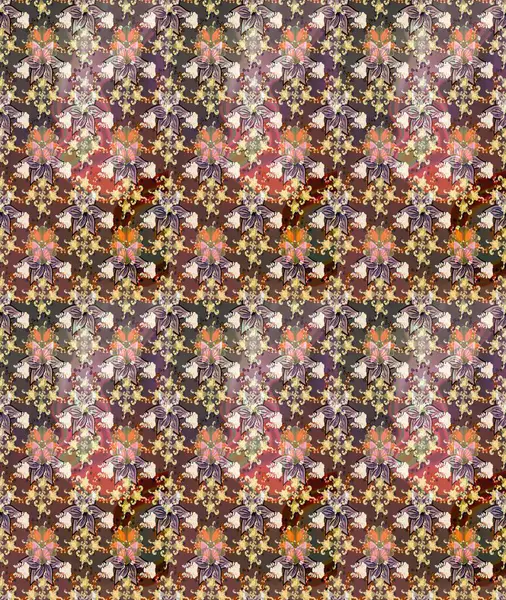 Kahverengi renkte çok kahverengi, zarif küçük çiçekler ve komik böcekler, raster desen, illüstrasyon.