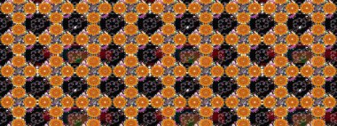 Raster illüstrasyonu. Çiçek desenli çizim. Turuncu renkli Asya tekstili.