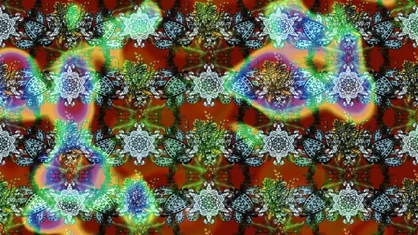 Ağaç dallı bahar çiçekleri deseni, yeşil, kahverengi ve mavi renkler ve çiçek silueti. Raster deseni.