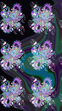 Mavi renkli çiçekler. Raster illüstrasyonu. El çizimi çiçekli soyut çizim deseni.