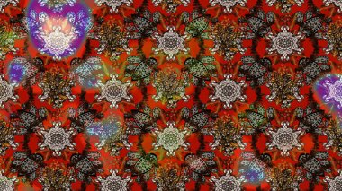 Raster illüstrasyonu. Kahverengi, kırmızı ve gri renklere karalamalar çizilmiş çiçek deseni.