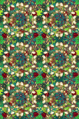 Yeşil ve mavi renklerde renkli soyut desenli el yapımı raster mandala. Çanta tasarımı.