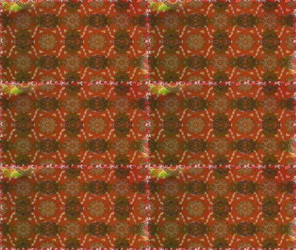 Raster - stok. Kusursuz bir arka plan modeli. Yapraklı çiçekler ve kahverengi renkli papatya çiçekleri..