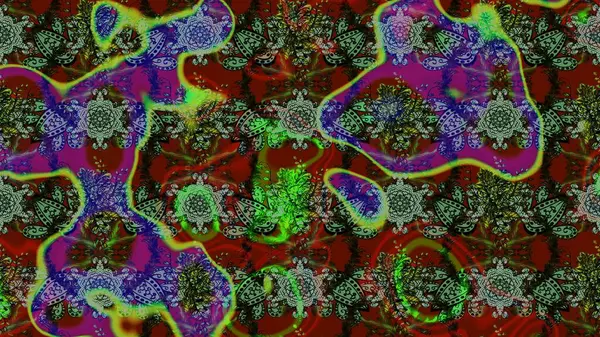 Çiçekler. Vadinin çiçekleri yeşil, kırmızı ve gri renklerde. Soyut etnik raster çizim kalıbı.