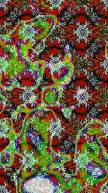 Raster illüstrasyonu. Çiçek desenli çizim. Asya tekstil tarzında. Renkli Bahar Teması eskiz kalıbı. Yeşil, kahverengi ve kırmızı renkte çiçekler. Düz Çiçek Elementleri Tasarımı.