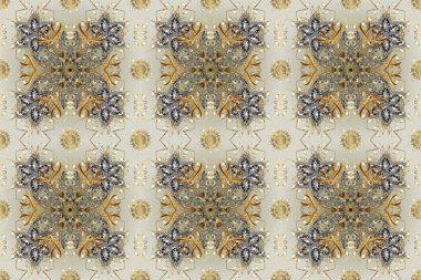 Kusursuz kraliyet lüksü, altın barok kumaş rengi. Altın antika ortaçağ dekoratifi, yaprakları ve altın desenli gri, bej ve nötr renklerde süslemeleri olan pürüzsüz bir desen..