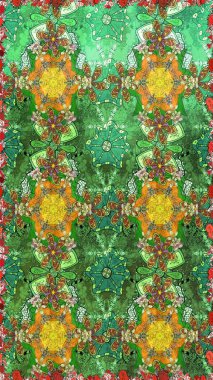 Yeşil ve kahverengi renkli çiçekler. Hediye ambalaj kağıdı, tebrik kartları, posterler ve pankart tasarımı. Raster düz çiçek çizim deseni.