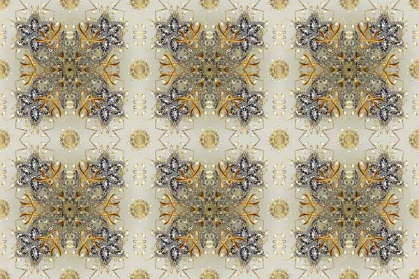 Kusursuz kraliyet lüksü, altın barok kumaş rengi. Altın antika ortaçağ dekoratifi, yaprakları ve altın desenli gri, bej ve nötr renklerde süslemeleri olan pürüzsüz bir desen..