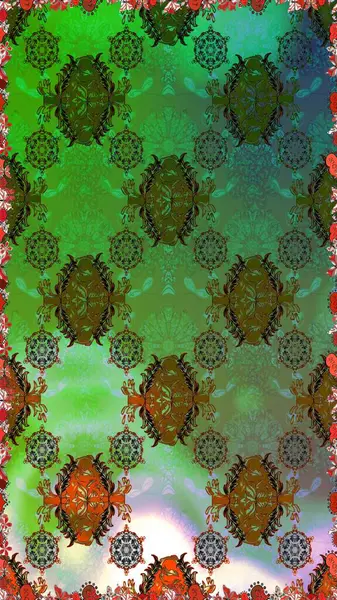 Düz Çiçek Elementleri Tasarımı. Yeşil ve kahverengi renkli çiçekler. Çiçeksiz desenli arka plan, yaz çiçekleri. Renkli Bahar Teması Kusursuz Arkaplan.