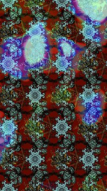 Gömlek, arka plan modelini çiz. Tropik çiçekler. Mavi, kahverengi ve kırmızı renkte çiçekler.