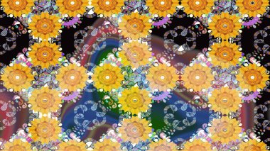 Raster illüstrasyonu. Çiçekli karalama şeklinde Raster çiçek deseni. Nazikçe, sarı renkte yaz çiçekleri.