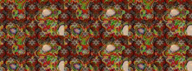 El çizimi çiçek unsurları olan soyut çizim raster deseni. Çiçekli ipek eşarp. Retro tekstil tasarım koleksiyonu. Kahverengi, kırmızı ve yeşil kahverengi, kırmızı ve yeşil. 1950 'ler-1960' lar motifleri.