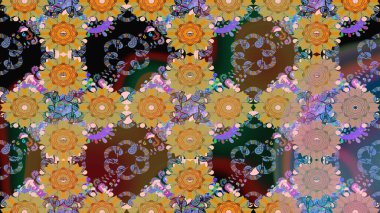 Raster illüstrasyonu. Raster deseni. Patlayan çiçekler soyut olarak yerleştirilmiş. Tarafsız renklerde bahar çiçekleri..