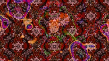 Kahverengi, kırmızı ve siyah renkli Asya tekstili. Suluboya çiçekli çiçek deseni. Raster illüstrasyonu.