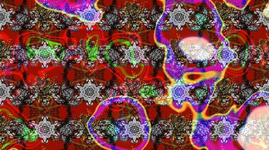 Çiçek desenli çizim. Asya tekstil tarzında. Kırmızı, gri ve kahverengi renkte çiçekler. Raster illüstrasyonu. Raster illüstrasyonu.