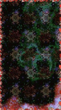 Patlayan çiçekler soyut olarak yerleştirilmiş. Yumuşak, bahar çiçekleri siyah ve gri renklerde. Raster deseni. Raster illüstrasyonu.