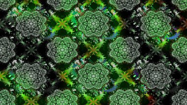 Tekrarlayan çiçek arkaplanı, zarif yeşil çiçek duvar kağıdı. Yeşil renkler üzerine çiçek desenli çizimler, el yapımı papatyalar, papatyalar..