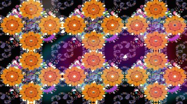 Sevimli çiçek raster deseni. Renkli Bahar Teması eskiz kalıbı. Düz Çiçek Elementleri Tasarımı. Turuncu renkte çiçekler.