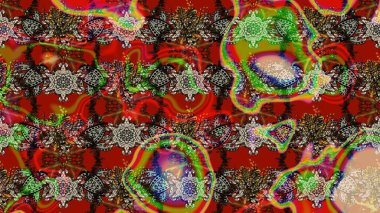 Modern çiçek arkaplanı. Halk tarzı. Moda baskıları için zarif bir şablon. Parlak renkli çiçekleri ve kırmızı, kahverengi ve gri renkte yaprakları olan muhteşem bir çiçek deseni..