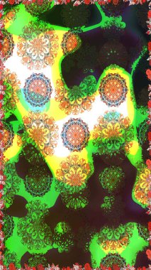 Kumaş desenli papatya çiçeği detayı. Yeşil ve kahverengi renkte çiçekler.