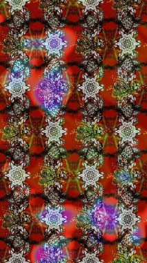 Elle çizilmiş çiçek desenli Raster çizimi. Çocuksu tasarım. Tekstil, kumaş, ambalaj, hatıra defteri için hoş bir çiçek arkaplanı. Kahverengi, gri ve kırmızı arkaplanda.