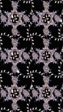 Patlayan çiçekler soyut olarak yerleştirilmiş. Raster deseni. Raster illüstrasyonu. Siyah, nötr ve gri renklerde bahar çiçekleri..